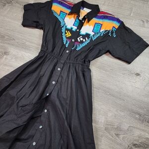 VINTAGE 80s D.FRANK Beaded Western Black Button Down Dress 10